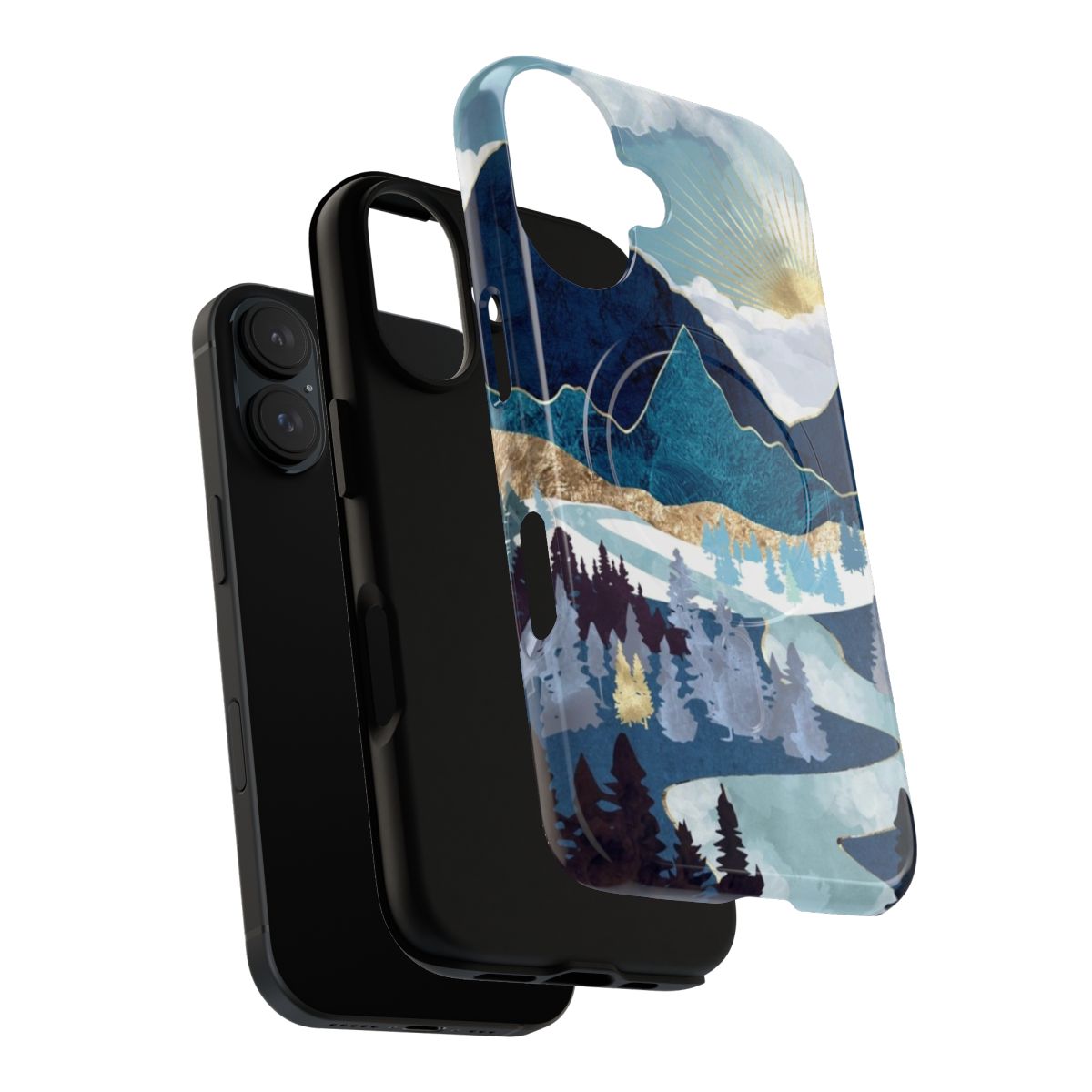 Colorful abstract landscape phone case featuring a sunrise over a valley with mountains, trees, and water. - Layers