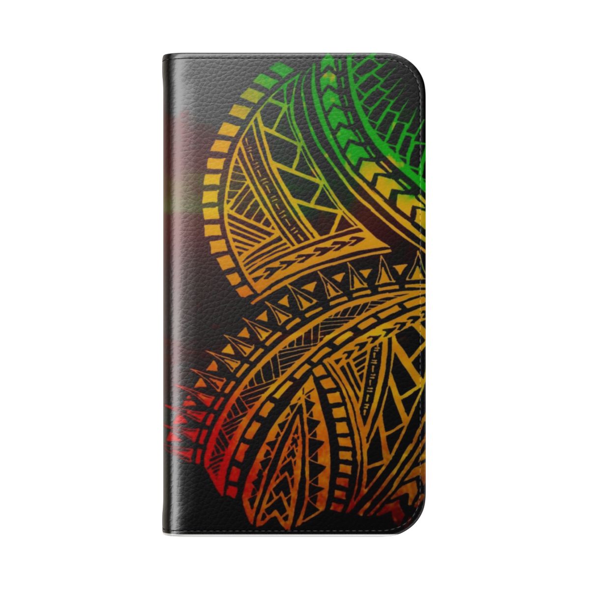 Polynesian tribal inspired flip cover phone case with bold and colorful tribal patterns - Folded Back