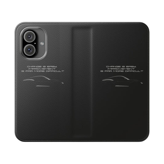 White flip cover phone case with Porsche-inspired design and Ferdinand Porsche quote