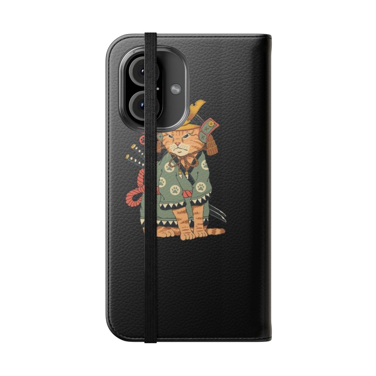 Flip cover phone case featuring a stylized cat design in the traditional Japanese ukiyo-e art style. - Folded Front