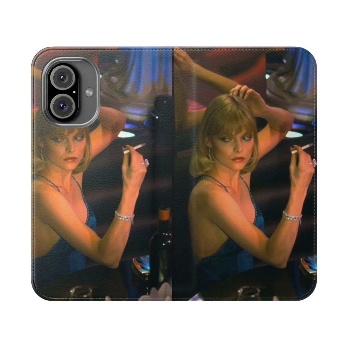 Flip cover phone case featuring the character Elvira Hancock from the 1983 film Scarface