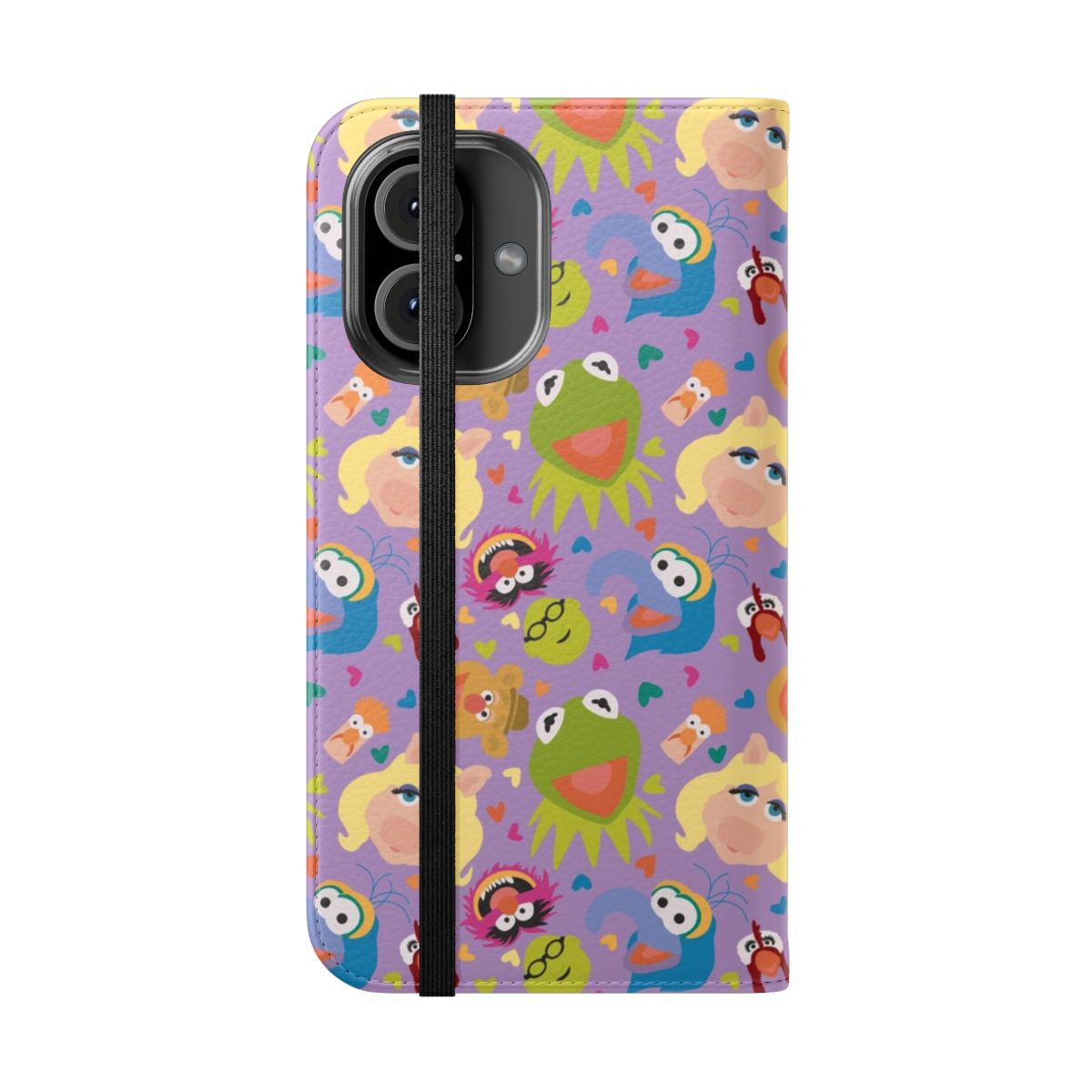 Flip phone case with a repeating pattern of colorful Muppet characters like Kermit, Miss Piggy, and Gonzo. - Folded Front