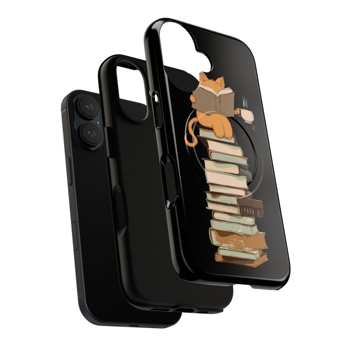 Magnetic phone case featuring illustrations of kittens, cats, tea, and books. - Layers