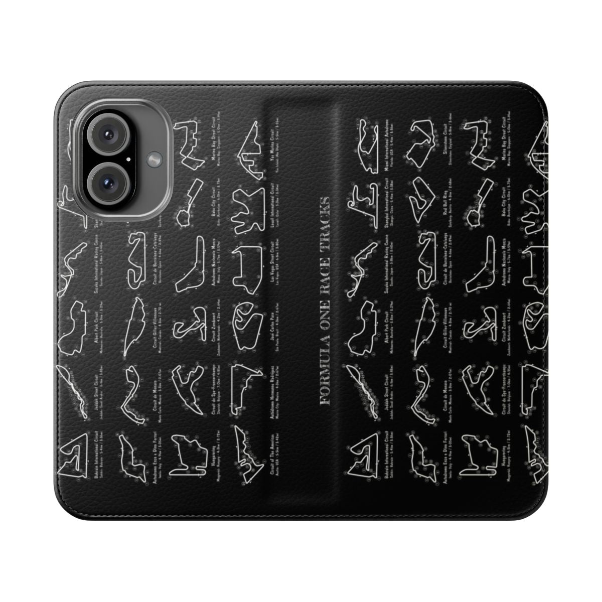 Flip phone case with a white stencil design of an F1 racing circuit