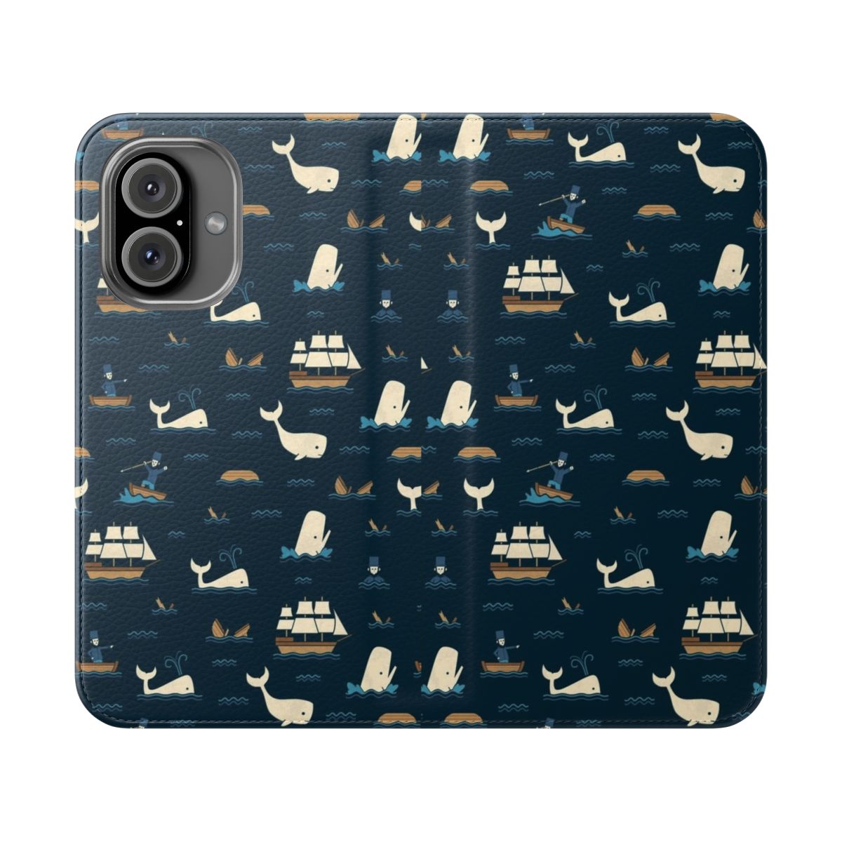 Whale pattern phone case with blue and navy colors, inspired by the novel Moby Dick