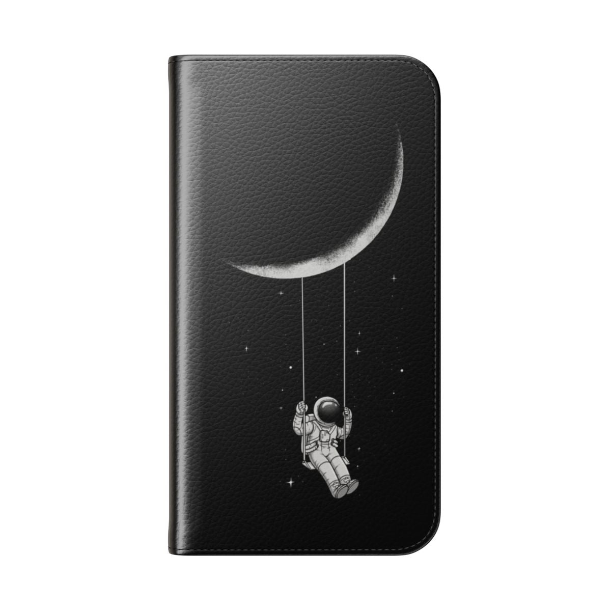 Minimalist black and white phone case with abstract "moon swing" design for sci-fi enthusiasts - Folded Back