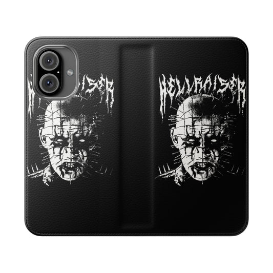 Black metal phone case with Pinhead-inspired design