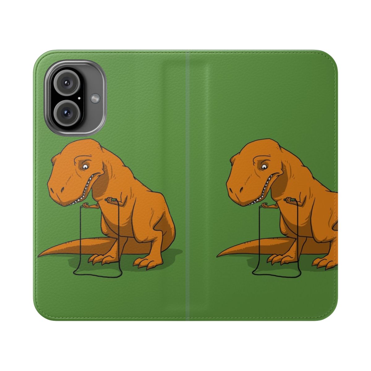 Flip cover phone case featuring a playful tyrannosaurus rex design, ideal for kids.