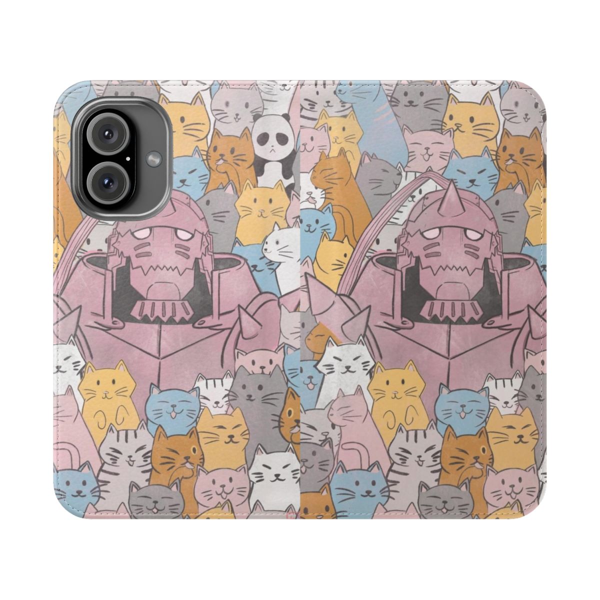 Pastel-colored flip phone case featuring adorable cats inspired by the Fullmetal Alchemist anime series.