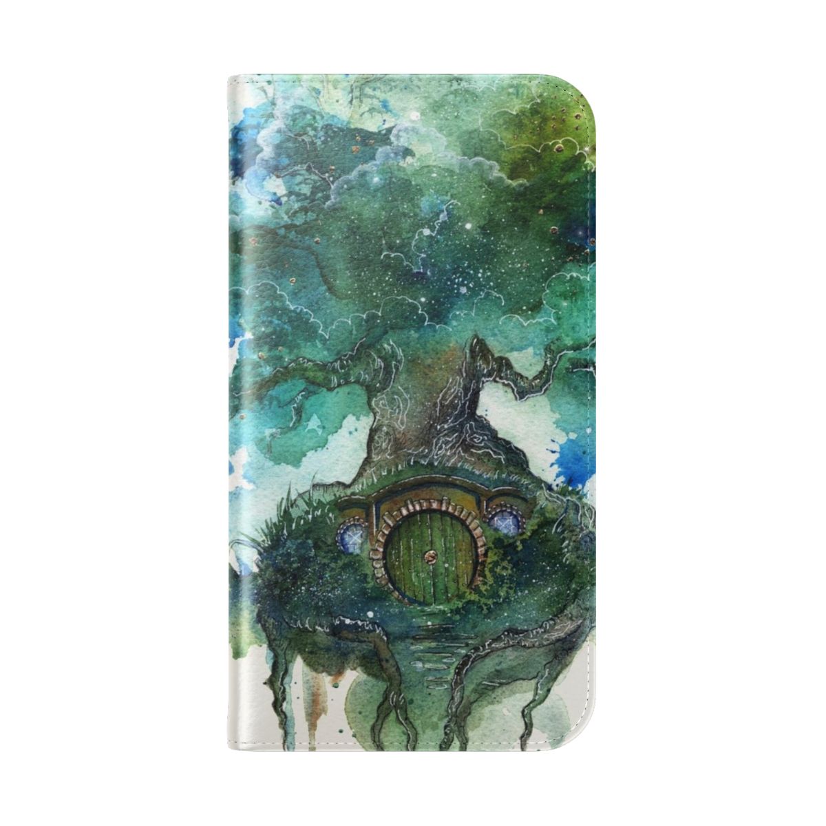 Watercolor illustration of an old oak tree with fantasy elements on a phone case - Folded Back