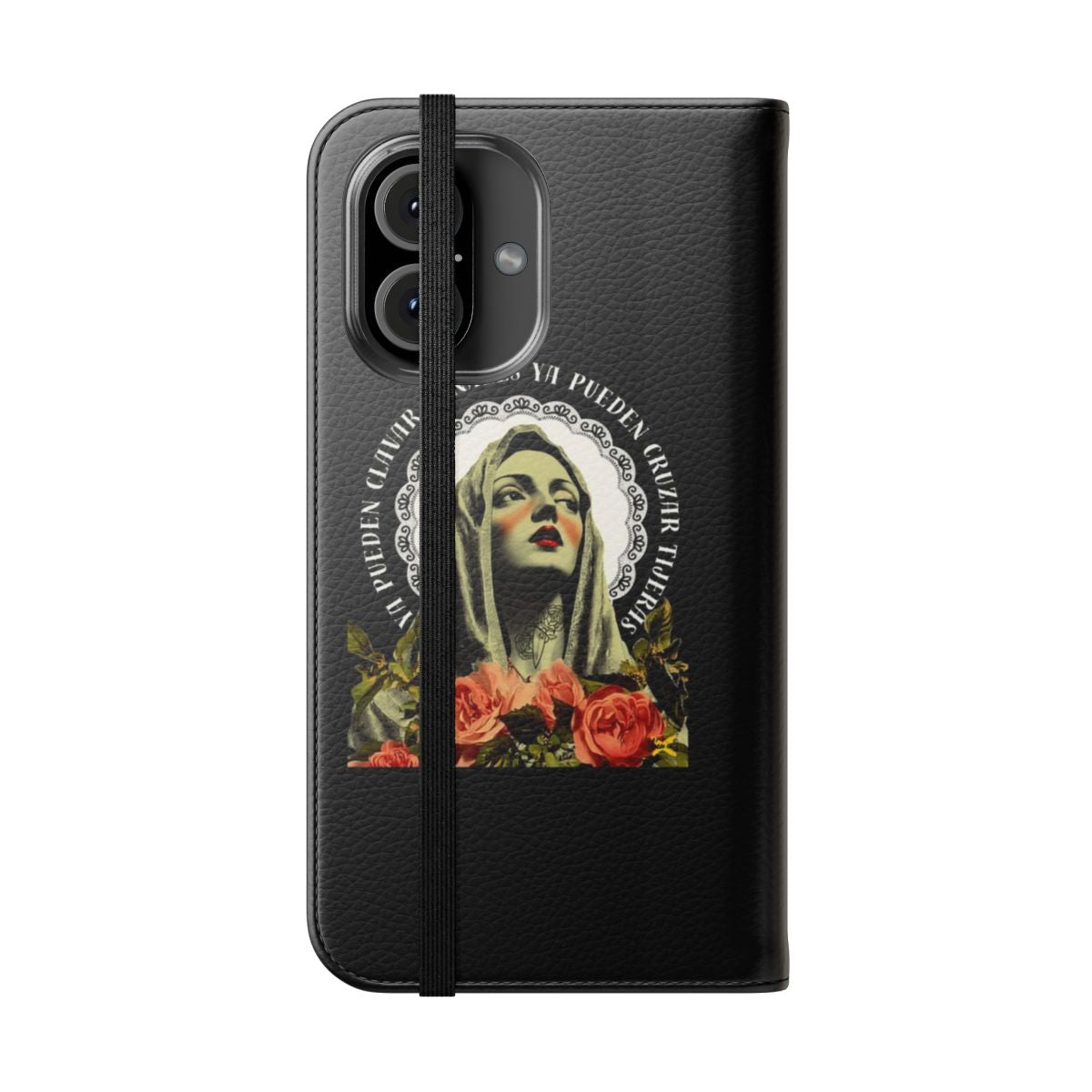 Flip cover phone case featuring a classic illustration with religious iconography, depicting feminine strength and spiritual resilience. - Folded Front