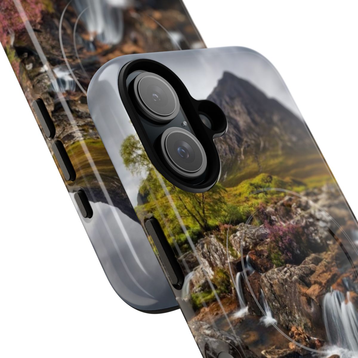 Phone case featuring the iconic Buachaille Etive Mor and waterfalls in Glen Etive, Scotland - Detail