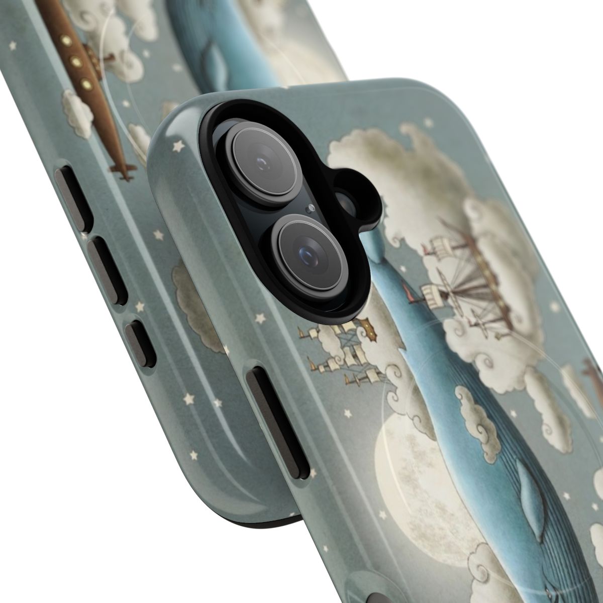 Retro-style phone case with an ocean and sky design featuring whimsical elements like whales, tall ships, and clouds. - Detail