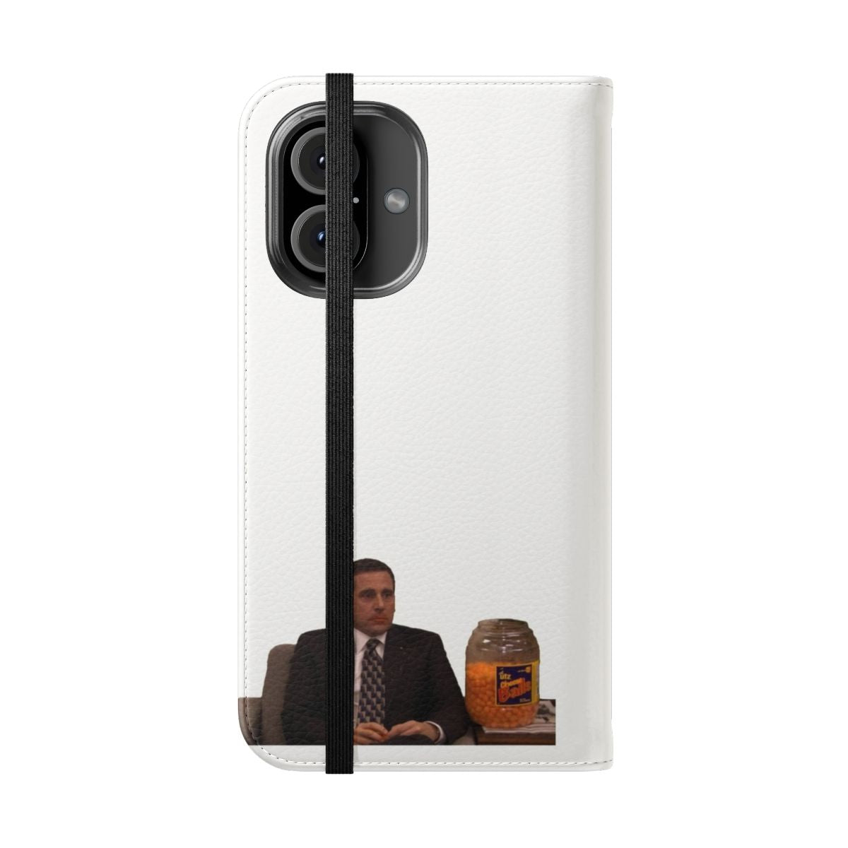 Colorful flip cover phone case featuring an illustration of Michael Scott from the TV show "The Office" holding a bag of Utz cheese puffs. - Folded Front