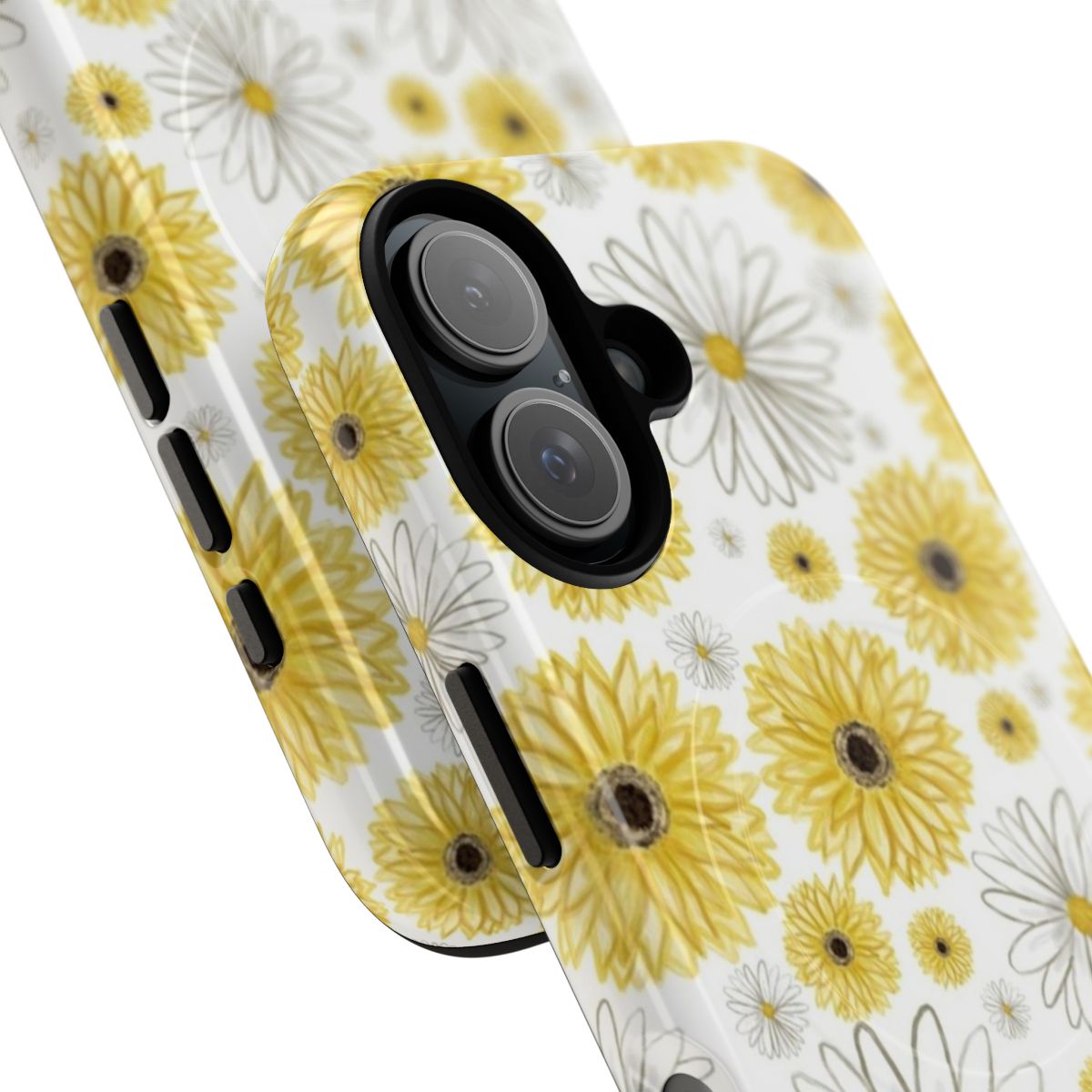 A phone case with a pattern of yellow daisies on a white background - Detail