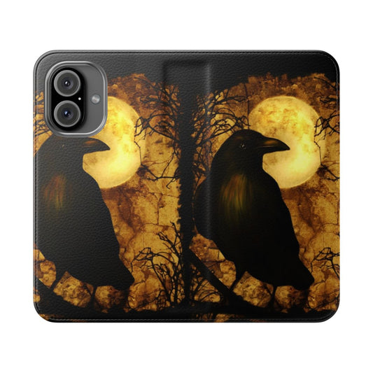 Raven-themed flip cover phone case with a dark, gothic design