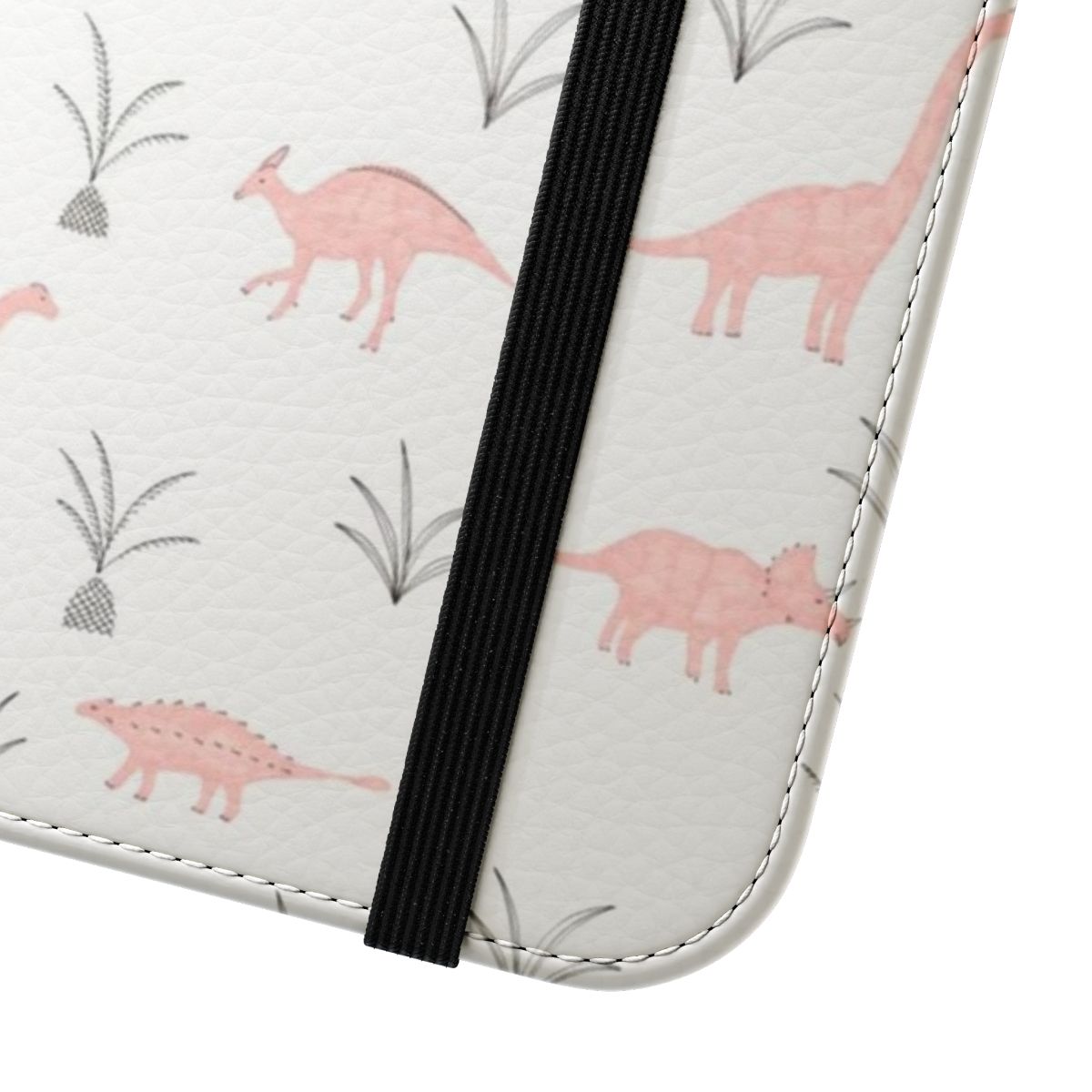 A pink phone case with a whimsical dinosaur pattern, perfect for adding a touch of prehistoric charm to your device. - Close Up