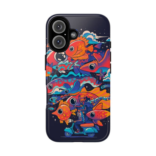 Magnetic tough phone case with a surreal, whimsical design featuring colorful fish, birds, stars, and other imaginative elements.