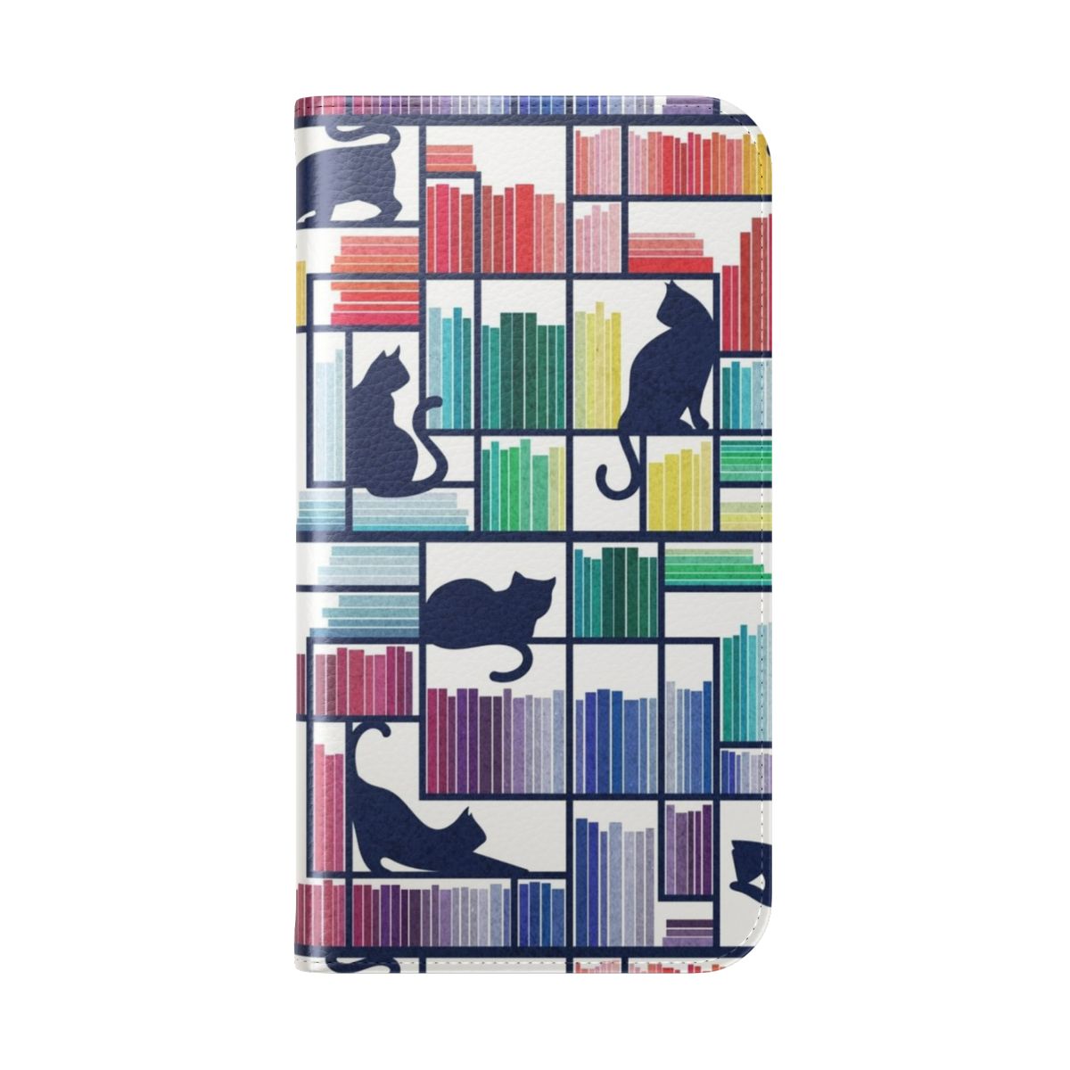 Vibrant phone case featuring a bookshelf with navy blue shelves and adorable library cats - Folded Back