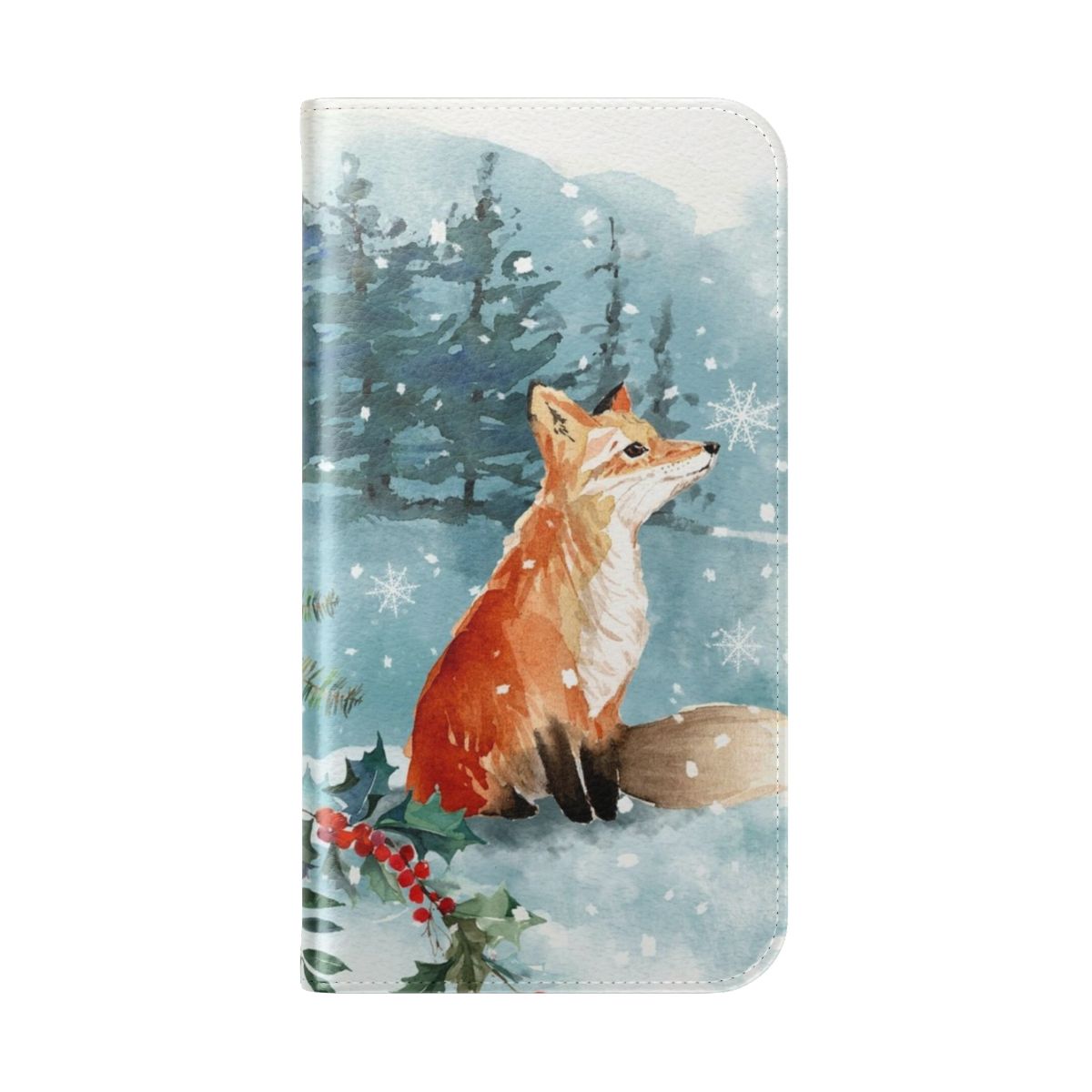 Whimsical watercolor illustration of a fox in the snowy forest, printed on a protective flip phone case. - Folded Back