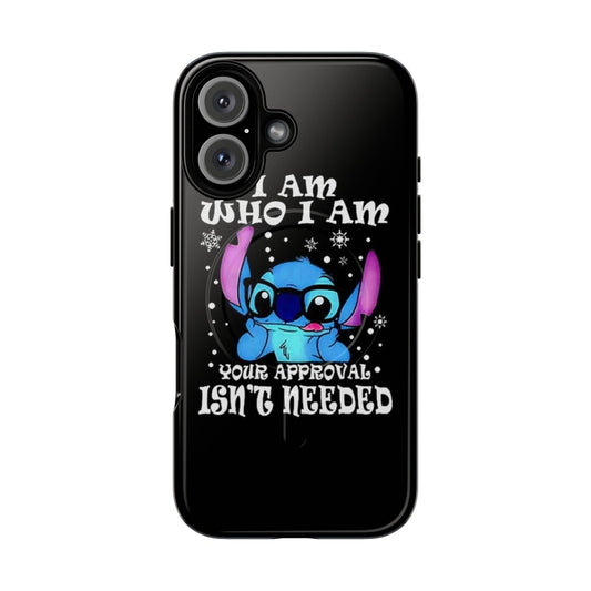 Stitch-themed phone case with a humorous "I Am Who I Am" design