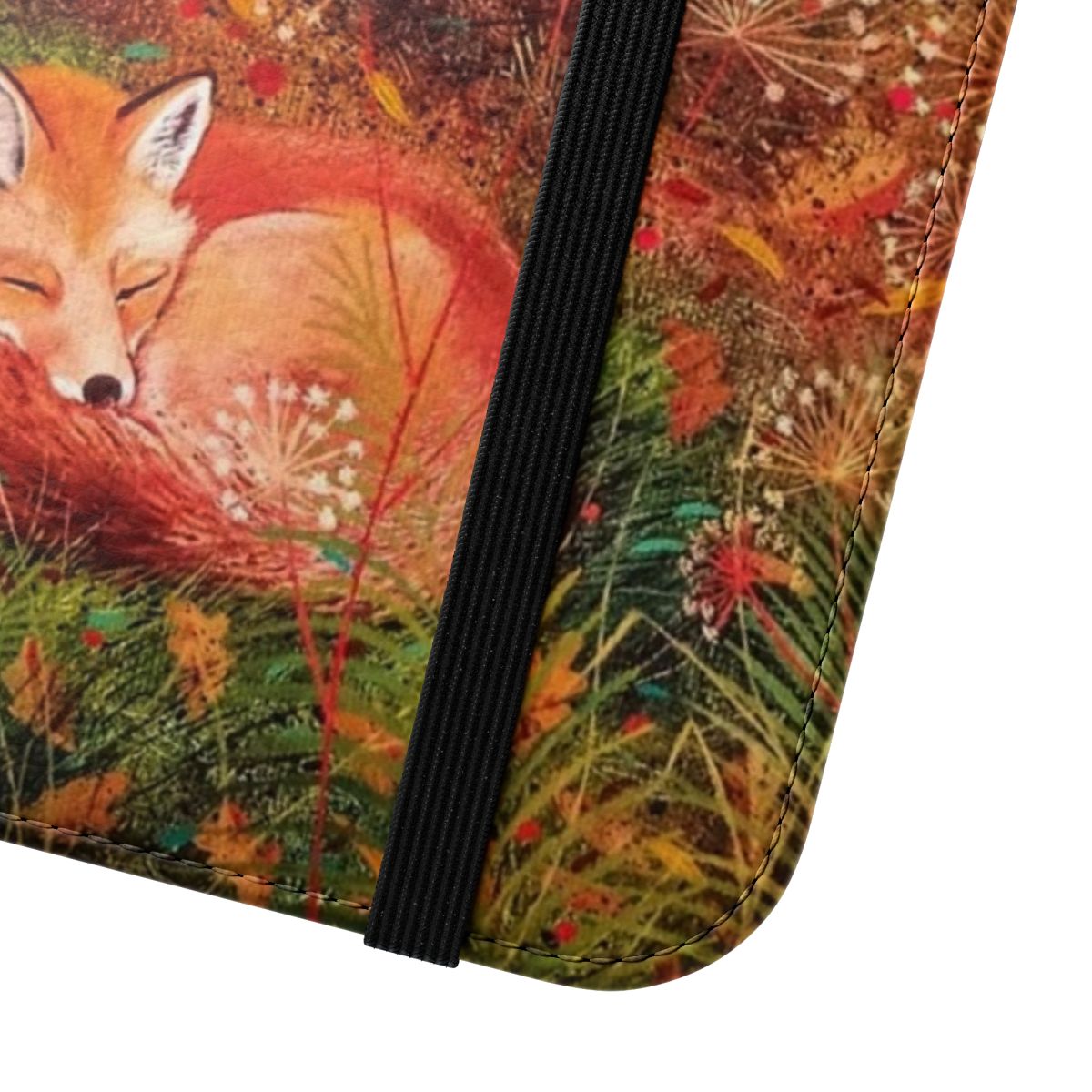 A vibrant, close-up photograph of a sleeping red fox in a natural woodland setting, perfect for a phone case. - Close Up