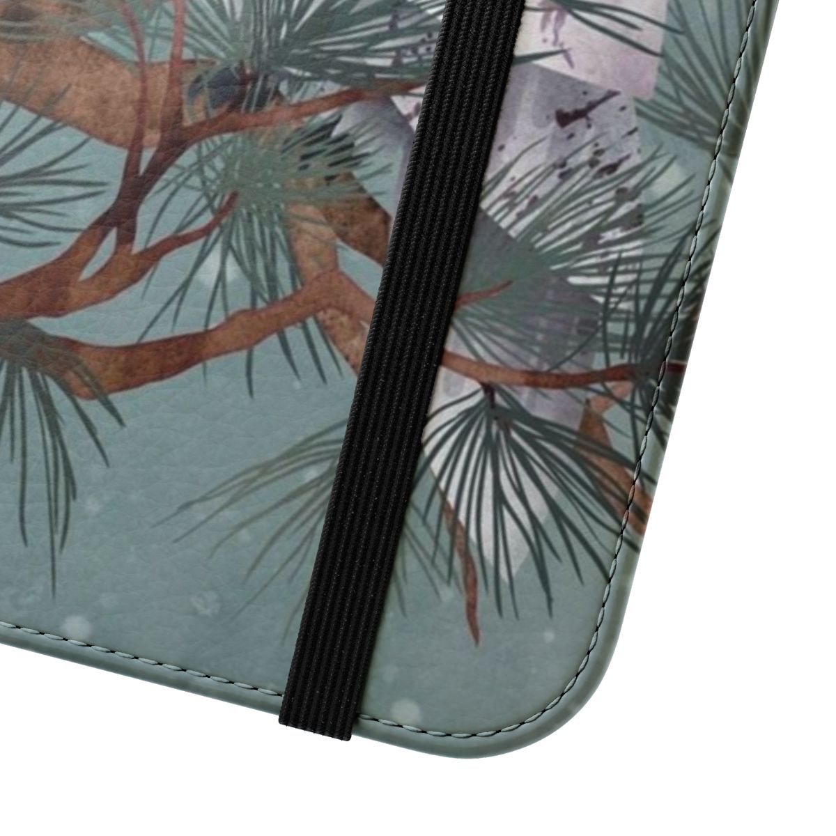 Snowy winter landscape design on a phone case with pine needles, owls, and icy textures. - Close Up