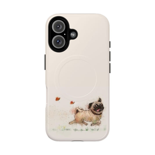 Beige phone case with a pug watercolor illustration design