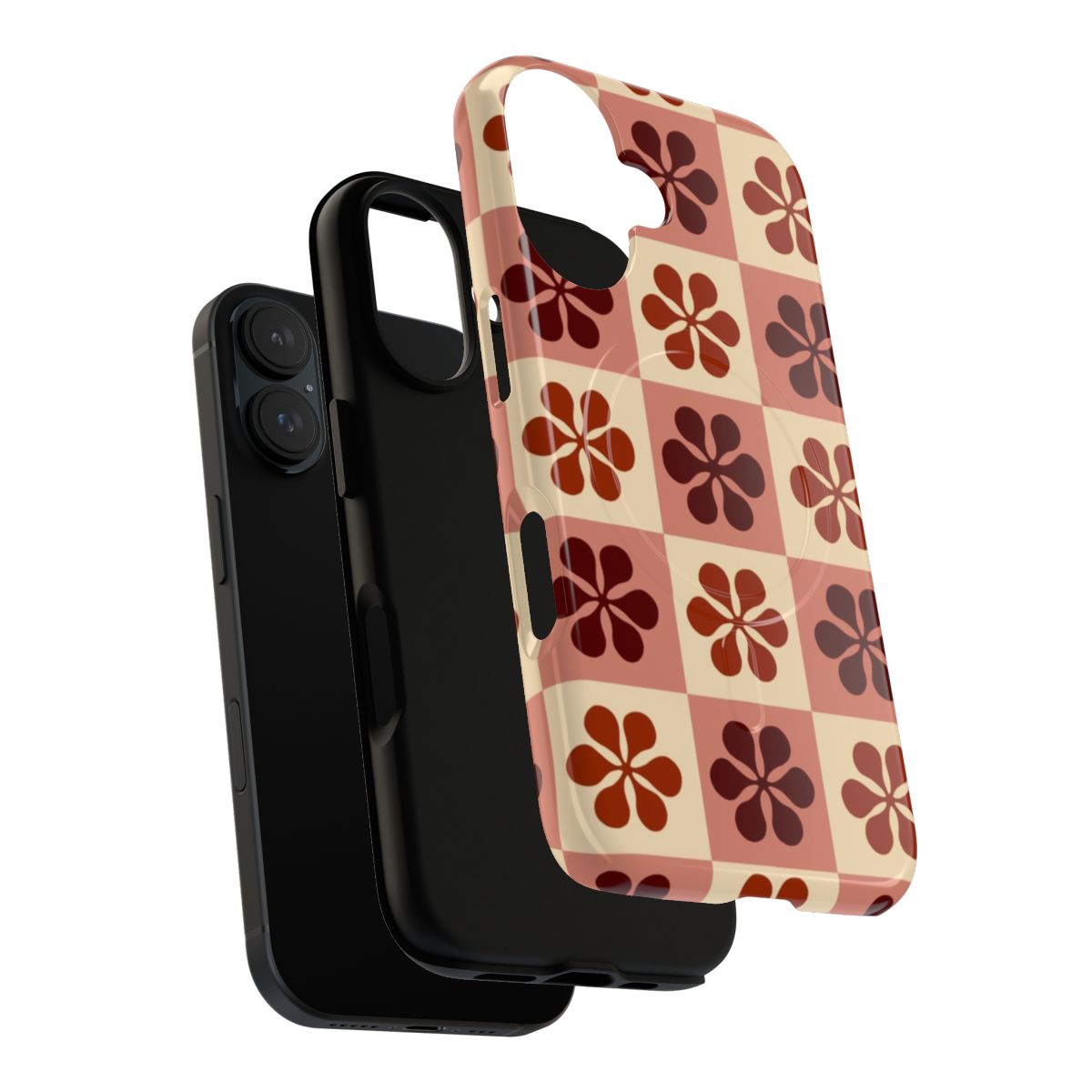 Burgundy checkerboard pattern with floral design on a protective phone case - Layers