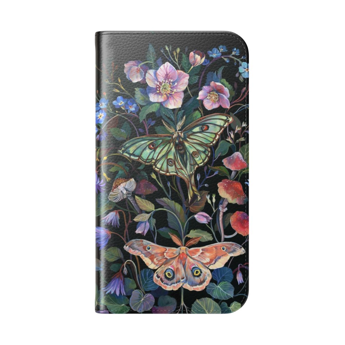 Flip cover phone case featuring a captivating moth illustration in a gouache painting style. - Folded Back