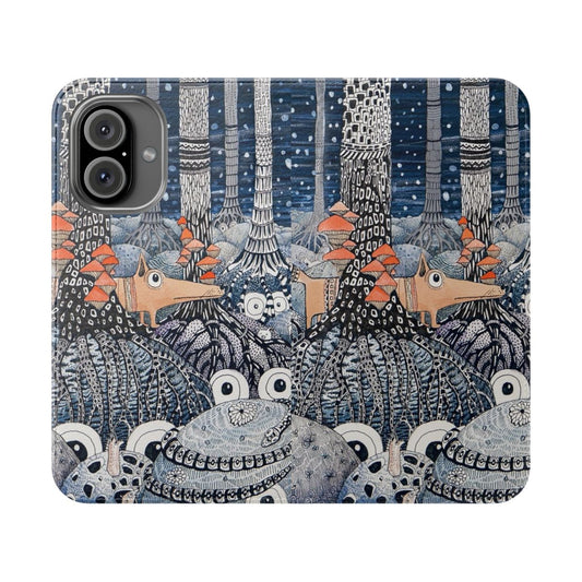 Flip phone case with enchanting forest design featuring owls, trees, and other natural elements.