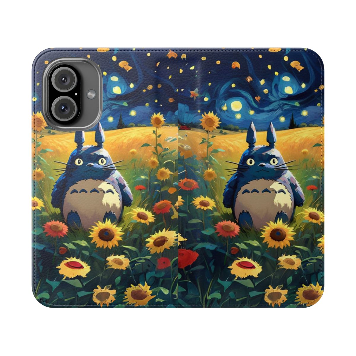 Artwork of Totoro surrounded by a field of sunflowers with a starry night sky background, featured on a flip cover phone case.