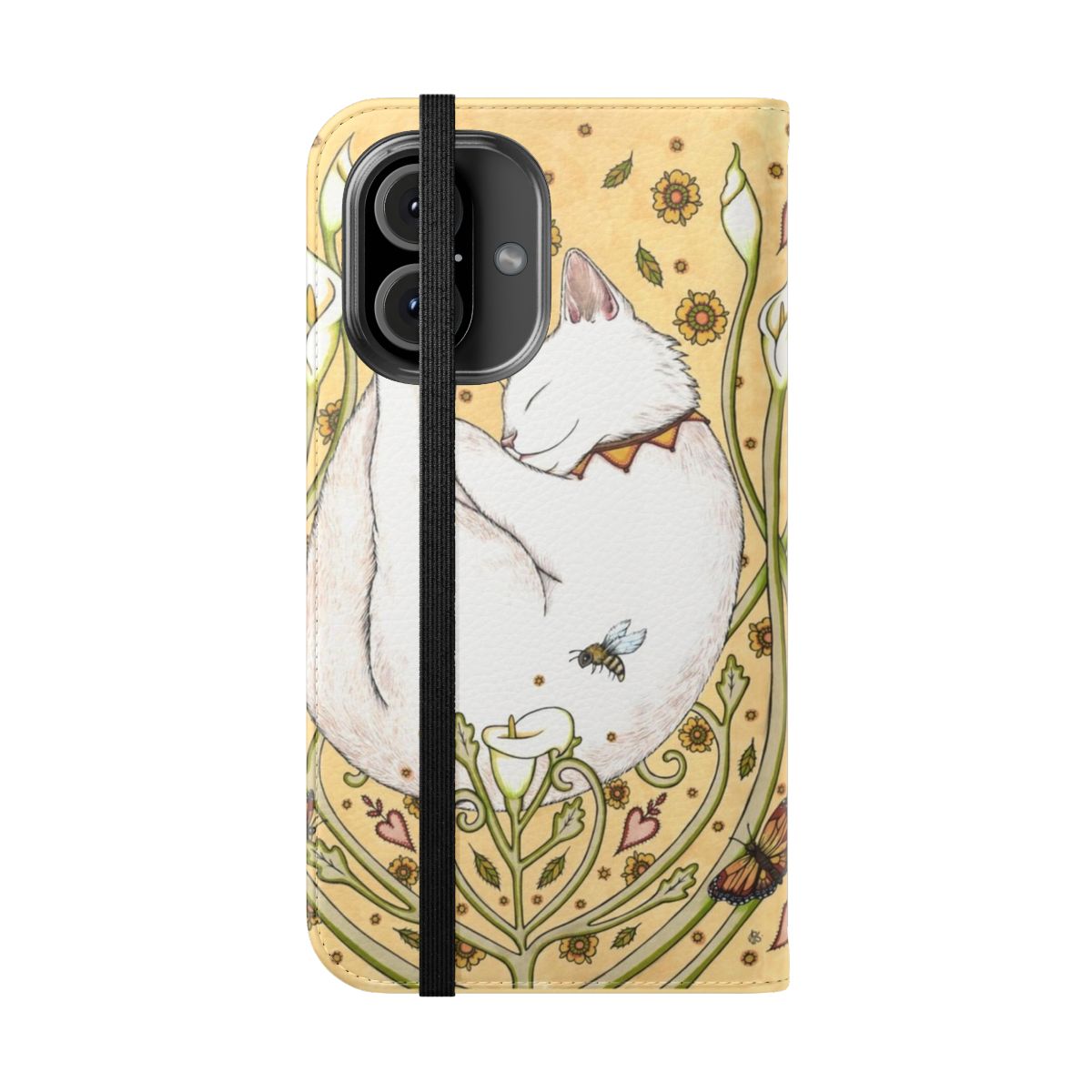 Colorful flip phone case featuring butterflies, bees, and flowers - Folded Front