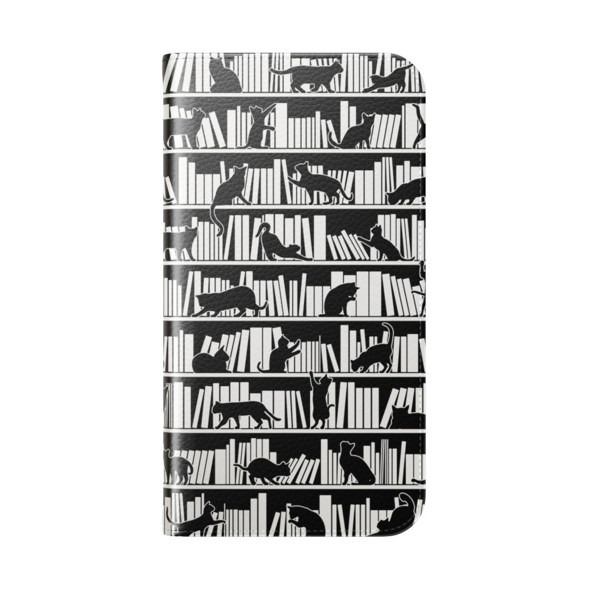 Bookish phone case with a pattern design featuring books and cats - Folded Back