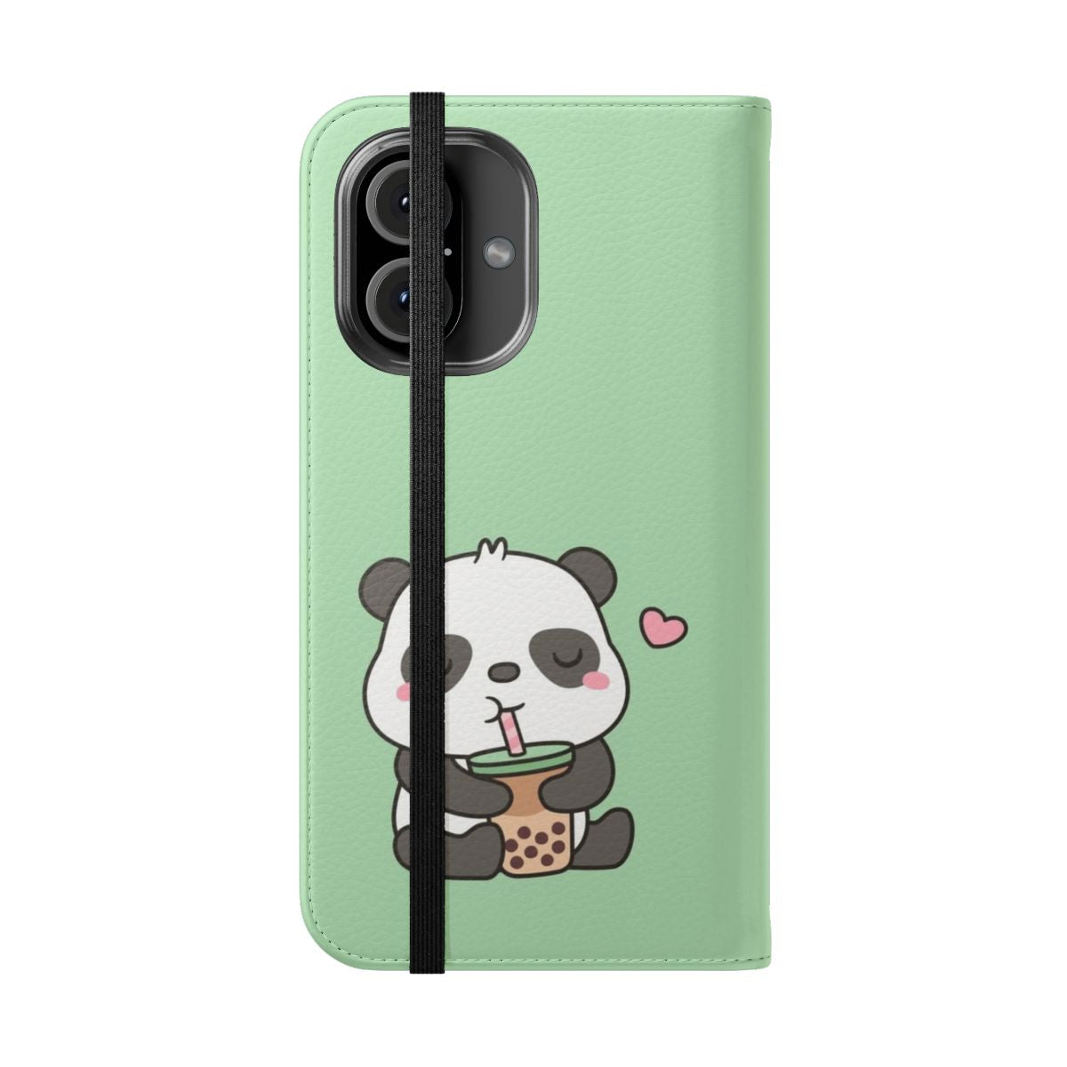 Cute panda bear holding a boba tea cup in a flip phone case - Folded Front