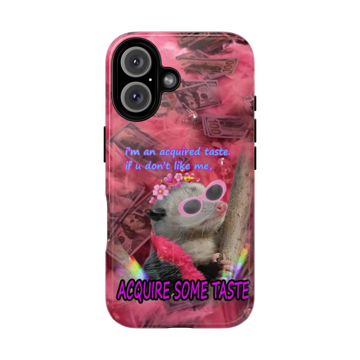 Magnetic phone case featuring a possum wearing a pink feather boa and sunglasses