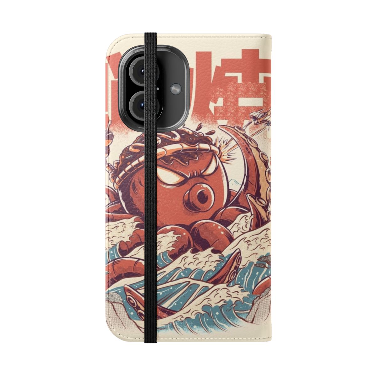 An illustrated phone case featuring an angry, retro-style takoyaki creature. - Folded Front