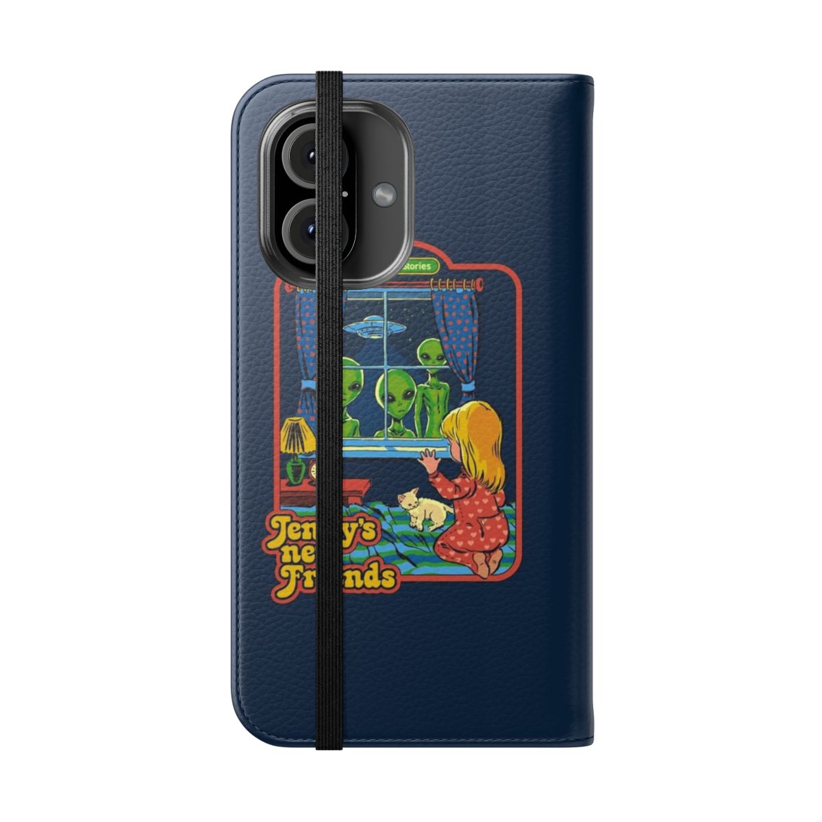 Retro sci-fi themed flip cover phone case featuring aliens, UFOs, and kittens - Folded Front