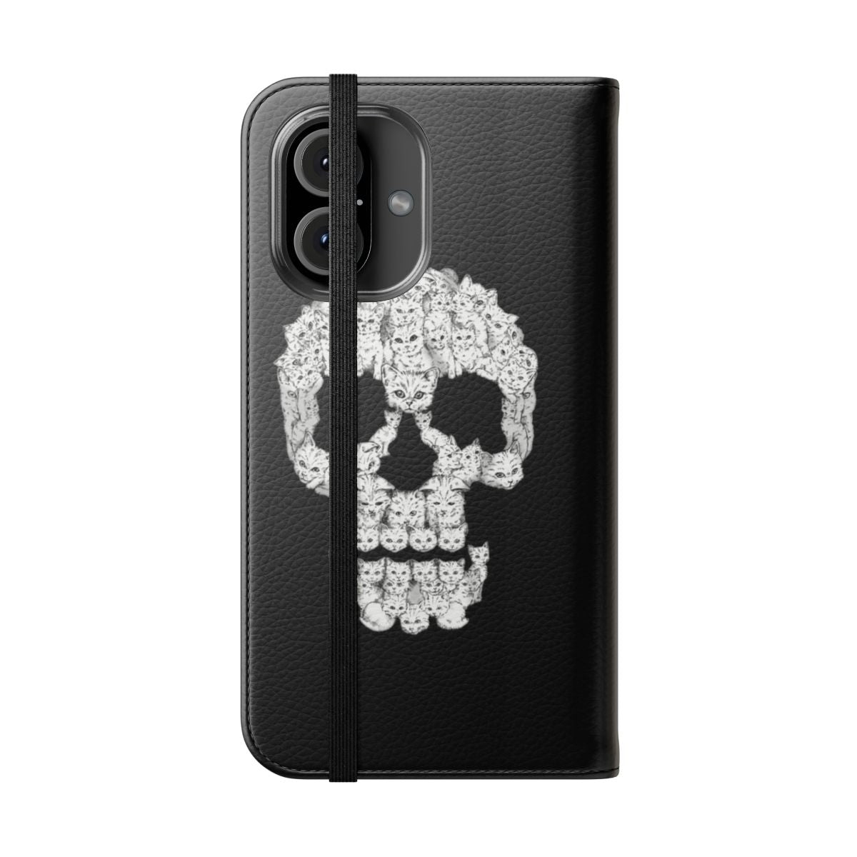 A tough yet cute phone case featuring a graphic skull and kitten design. - Folded Front