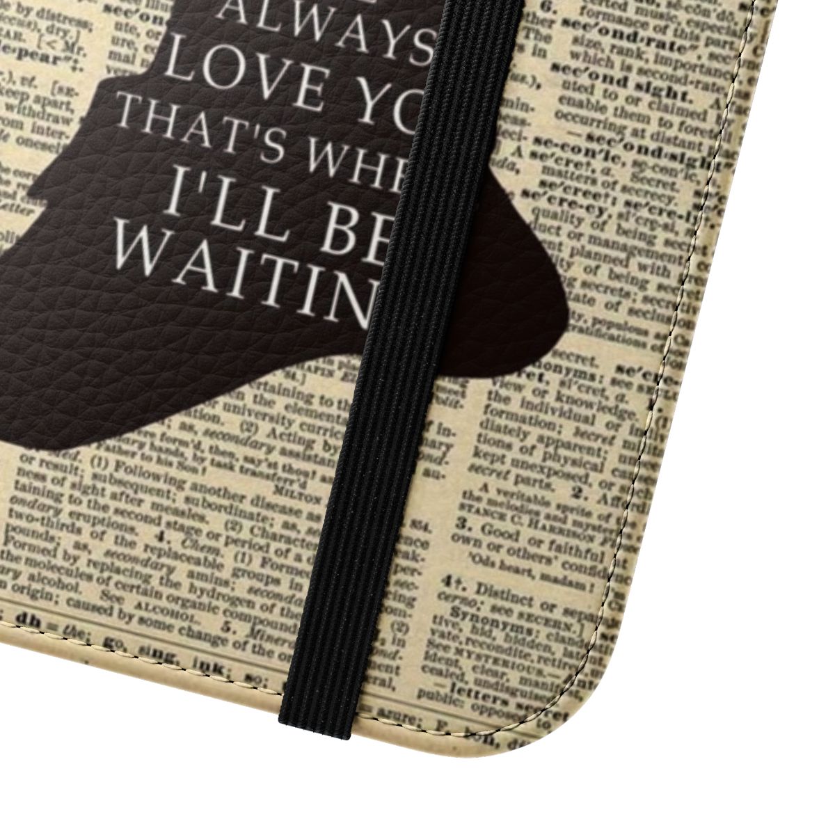 Fantasy-inspired phone case with Peter Pan and vintage dictionary page artwork - Close Up