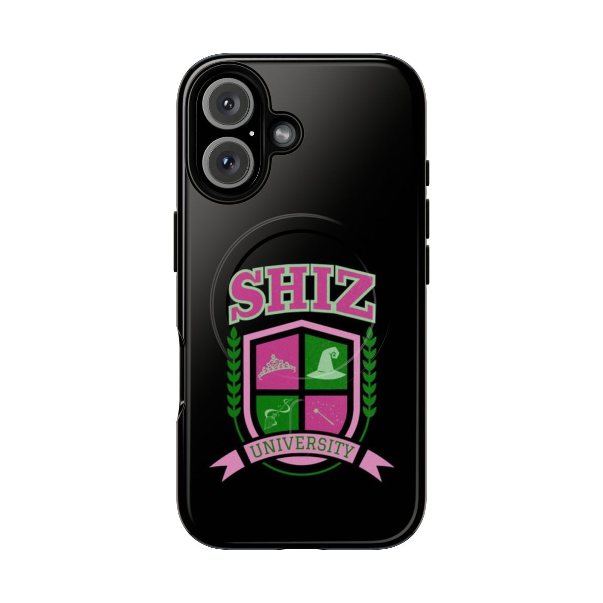 Magnetic tough phone case featuring the Wicked musical logo and characters Elphaba and Glinda