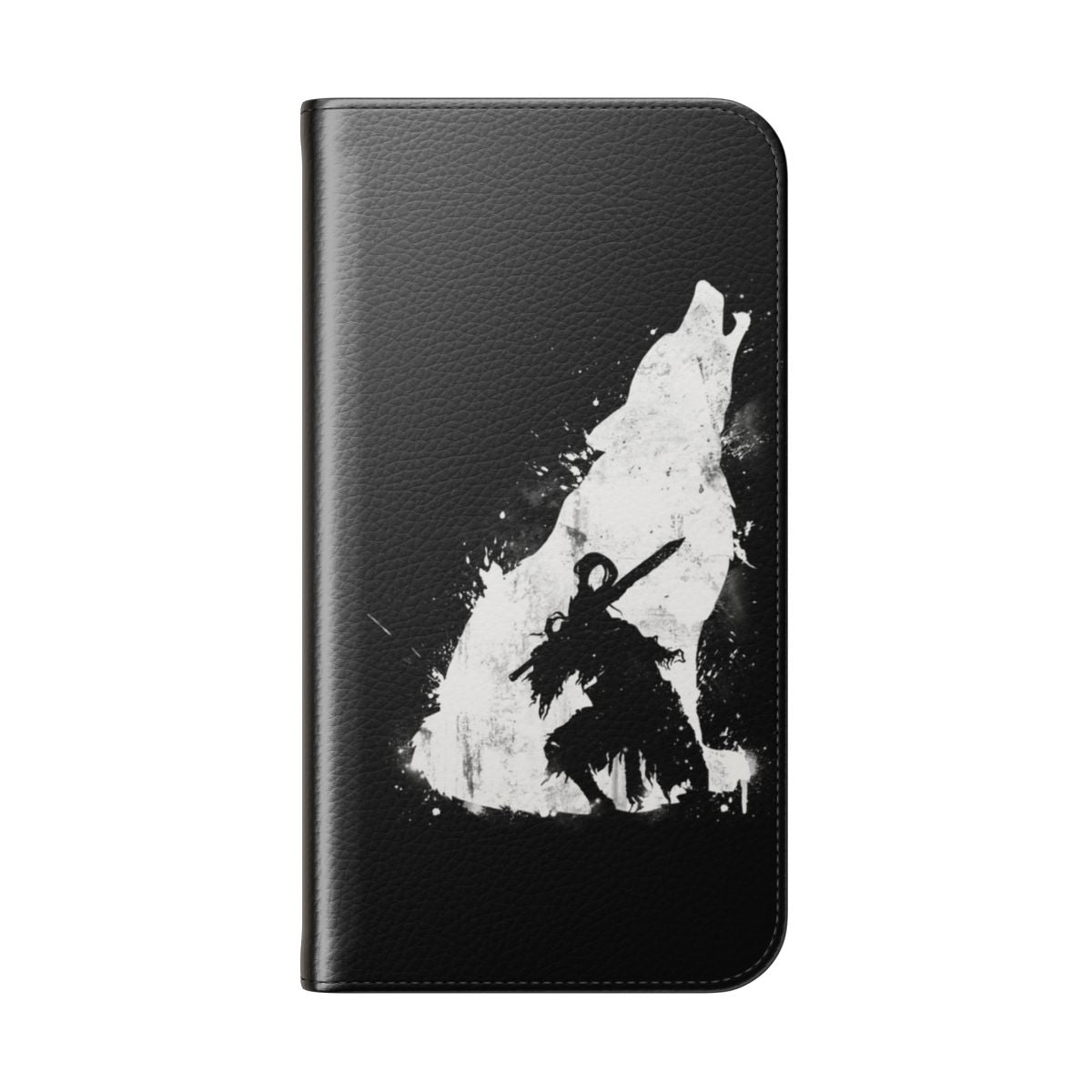 A dark and mystical flip phone case featuring the Abyss Warrior design, inspired by the popular video game Dark Souls. - Folded Back