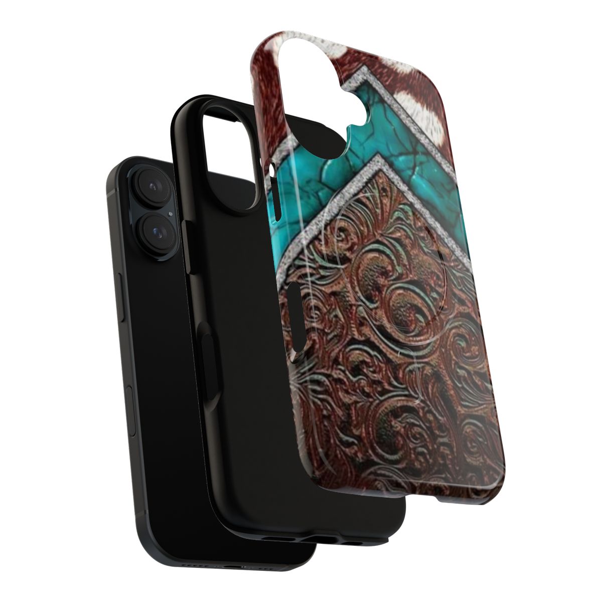 Turquoise cow print faux leather magnetic tough phone case - Layers