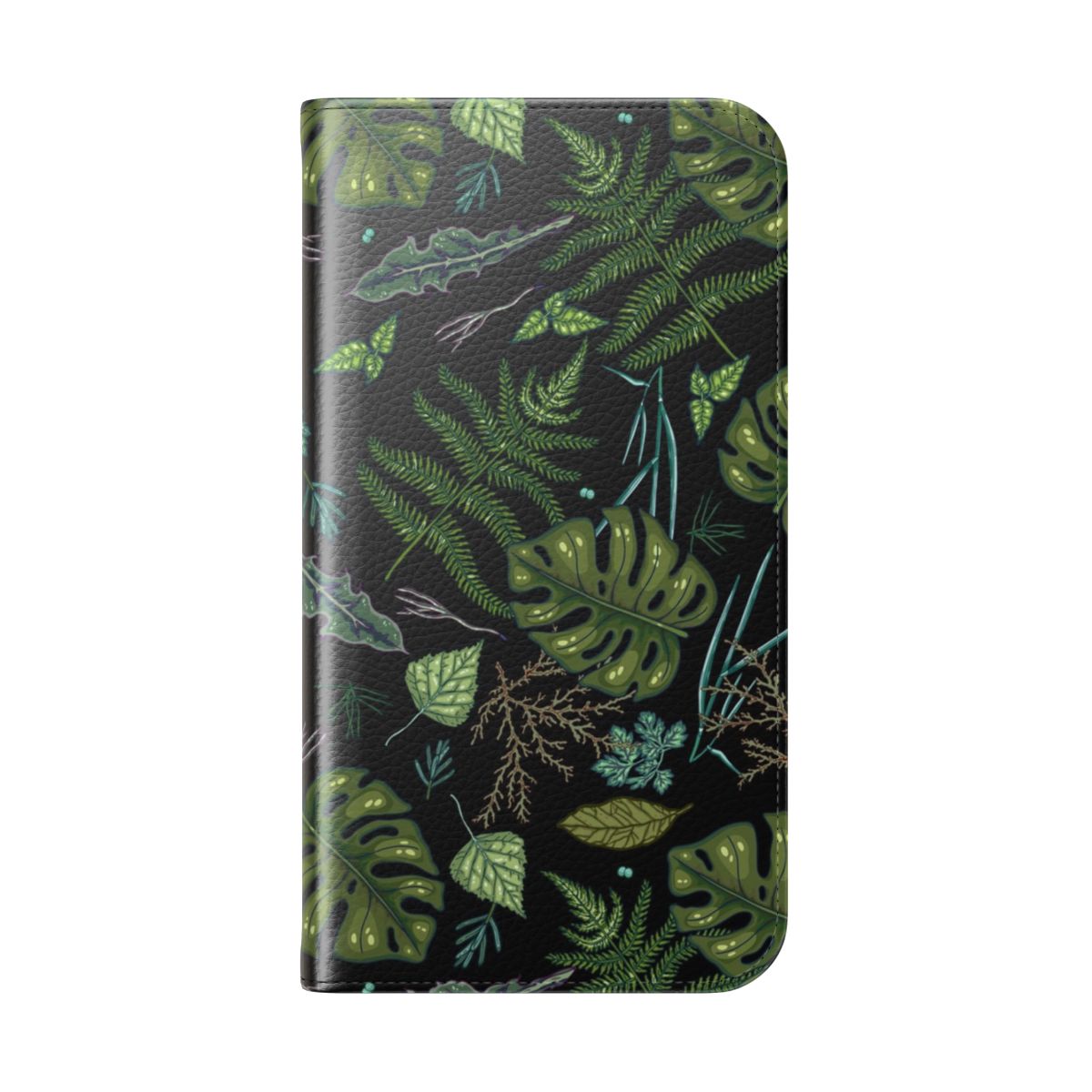 A green flip cover phone case featuring a lush, tropical jungle pattern with ferns, monstera leaves, and other botanical elements. - Folded Back