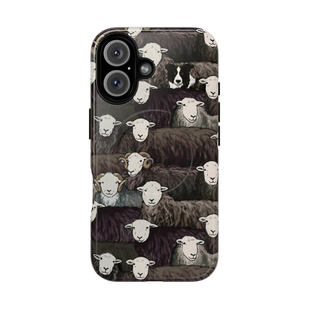 Tough phone case featuring a repeating pattern of herdwick sheep, sheepdogs, and the Lake District landscape