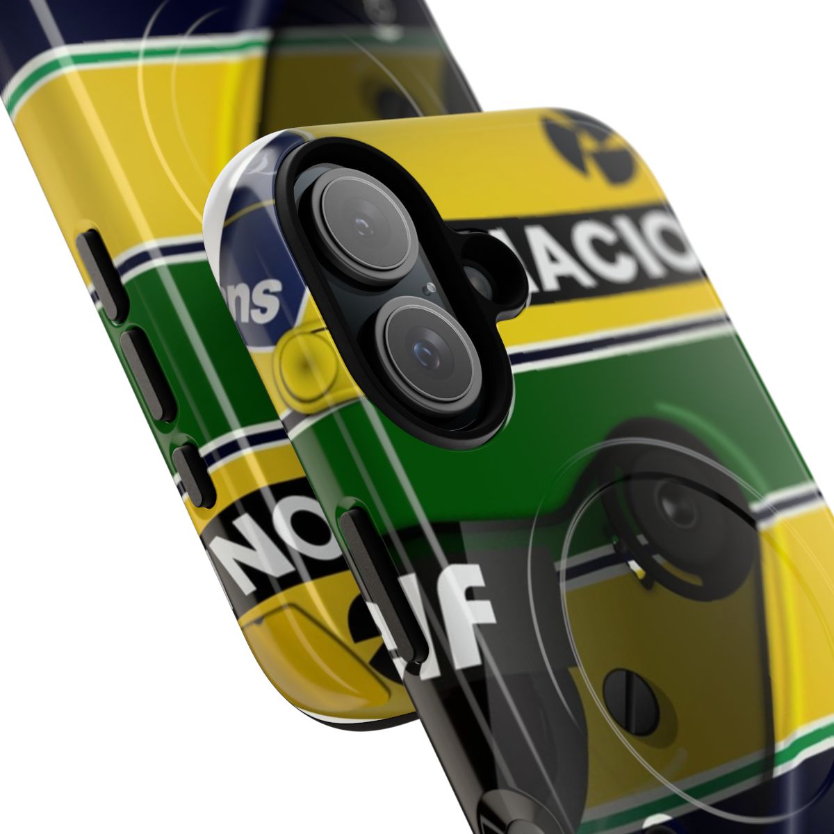 Magnetic tough phone case featuring an illustration of Ayrton Senna's iconic 1991 helmet design - Detail