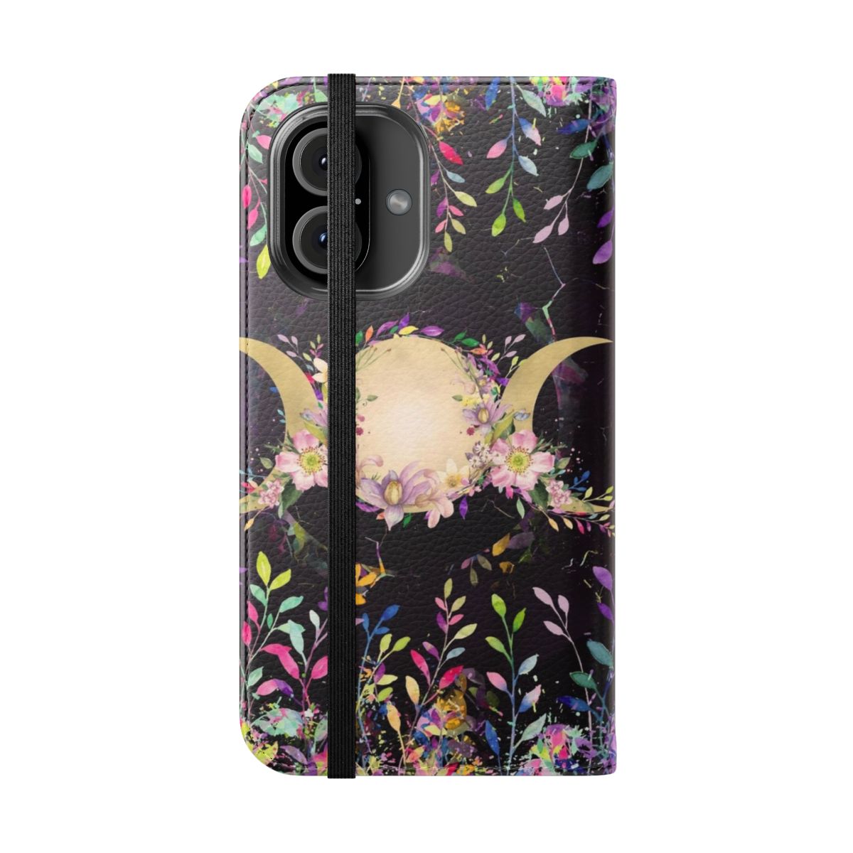 Watercolor illustration of the Triple Goddess symbol on a phone case. - Folded Front