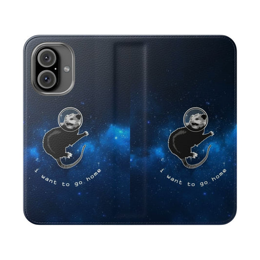 A space-themed phone case featuring a possum design, perfect for introverted and anxious individuals.