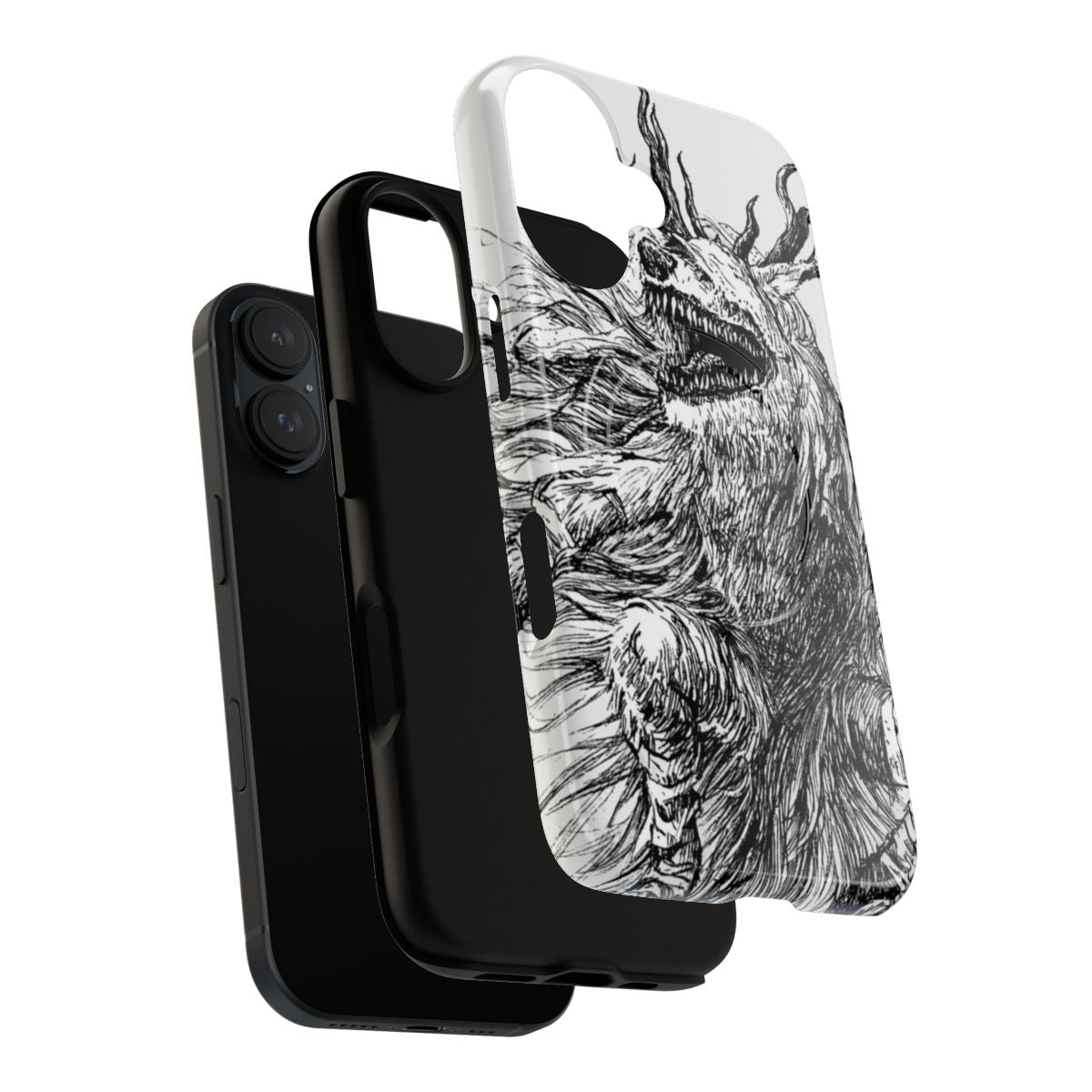 Magnetic tough phone case featuring a white and black graphic design inspired by the monsters and landscapes of Bloodborne and Dark Souls video games. - Layers