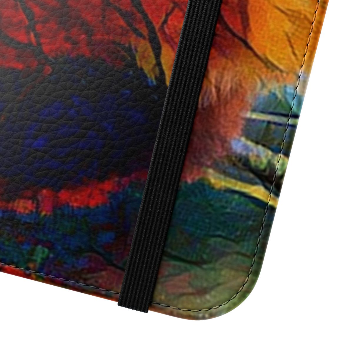 Colorful illustration of a fluffy red panda amidst autumn leaves and branches on a phone case - Close Up